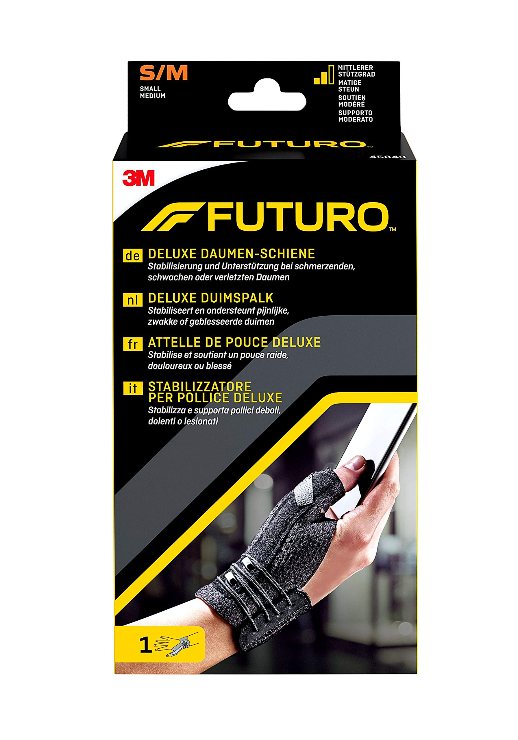 FUTURO Férula de pulgar Deluxe S – M (12,7 – 16,5 cm), sin látex, color negro – Estabilización y apoyo para articulaciones inferiores del pulgar doloridas, débiles o lesionadas – Ajustable