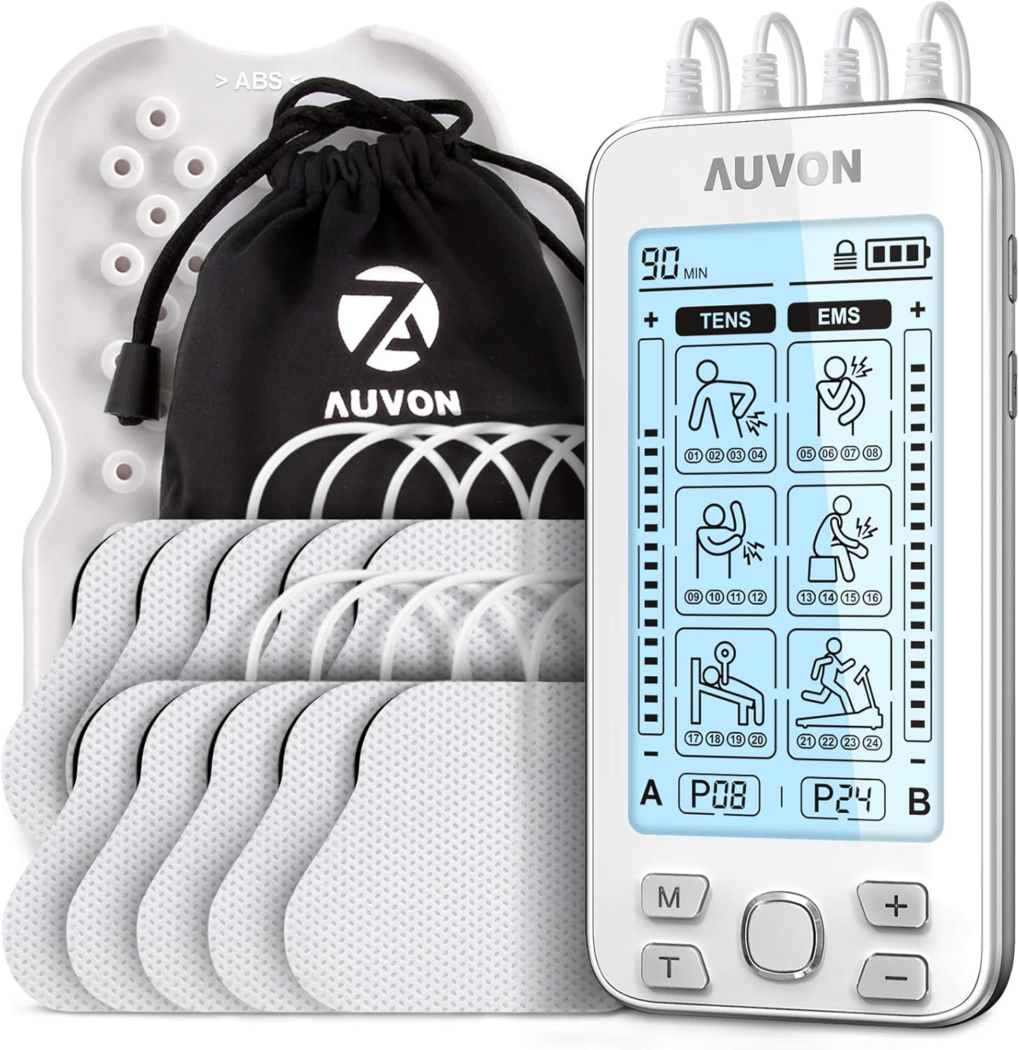 AUVON Electroestimulador TENS de 4 salidas, TENS EMS para terapia de alivio del dolor con masajeador de pulso eléctrico de 24 modos, 10 piezas de electrodos premium de 2"x 2" con diseño patentado