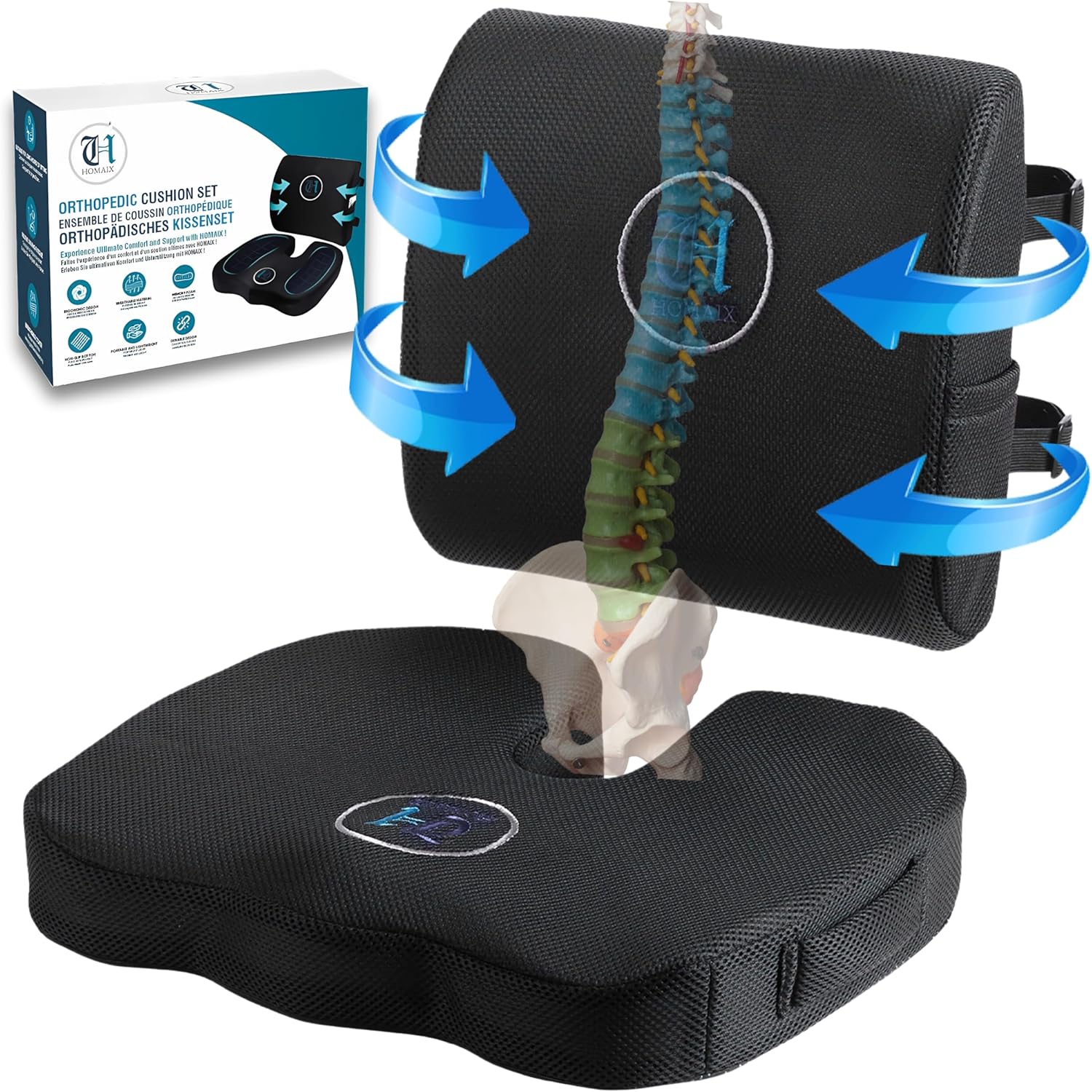 Cojín de asiento con soporte lumbar y cómodo, asiento para silla, coche, oficina, soporte de espalda y alivio del dolor, funda extraíble y lavable, transpirable