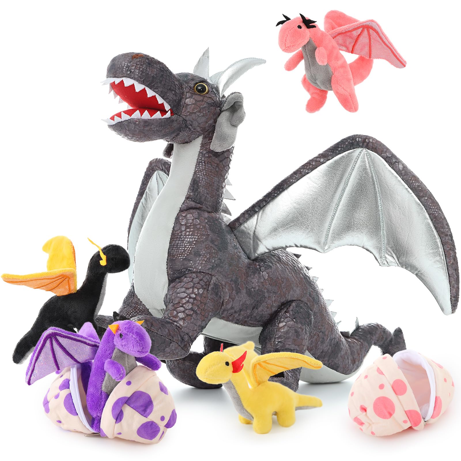 MorisMos 55cm Peluche de Dragón Gris con 4 Bebés Dentro de Juguete para Niños, Kawaii Animales de Peluche Dragon Suave Realista, Niña Bebés Navidad, Cumpleaños, Año Nuevo