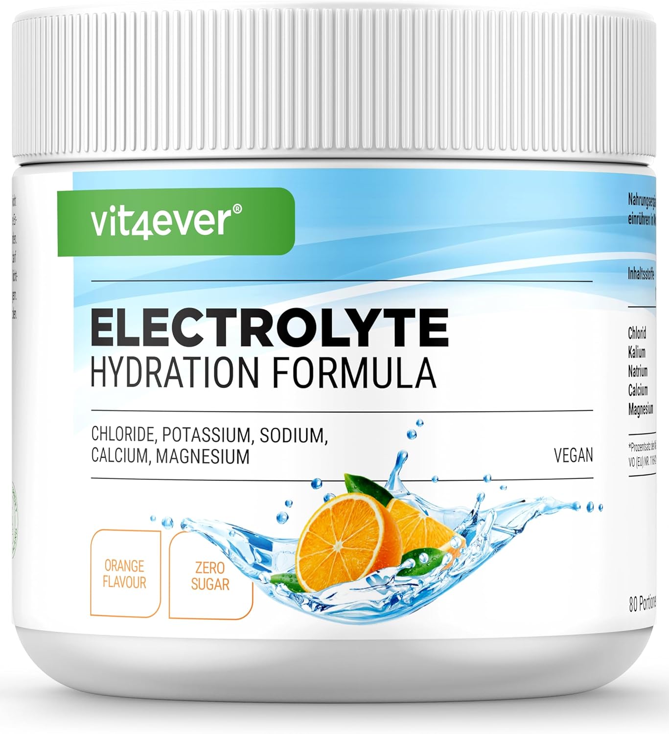 vit4ever Electrolitos - 400 g (80 Porciones) - Fórmula de Hidratación con Cloruro, Potasio, Sodio, Calcio, Magnesio - Sin Azúcar - Vegano - Sabor Naranja