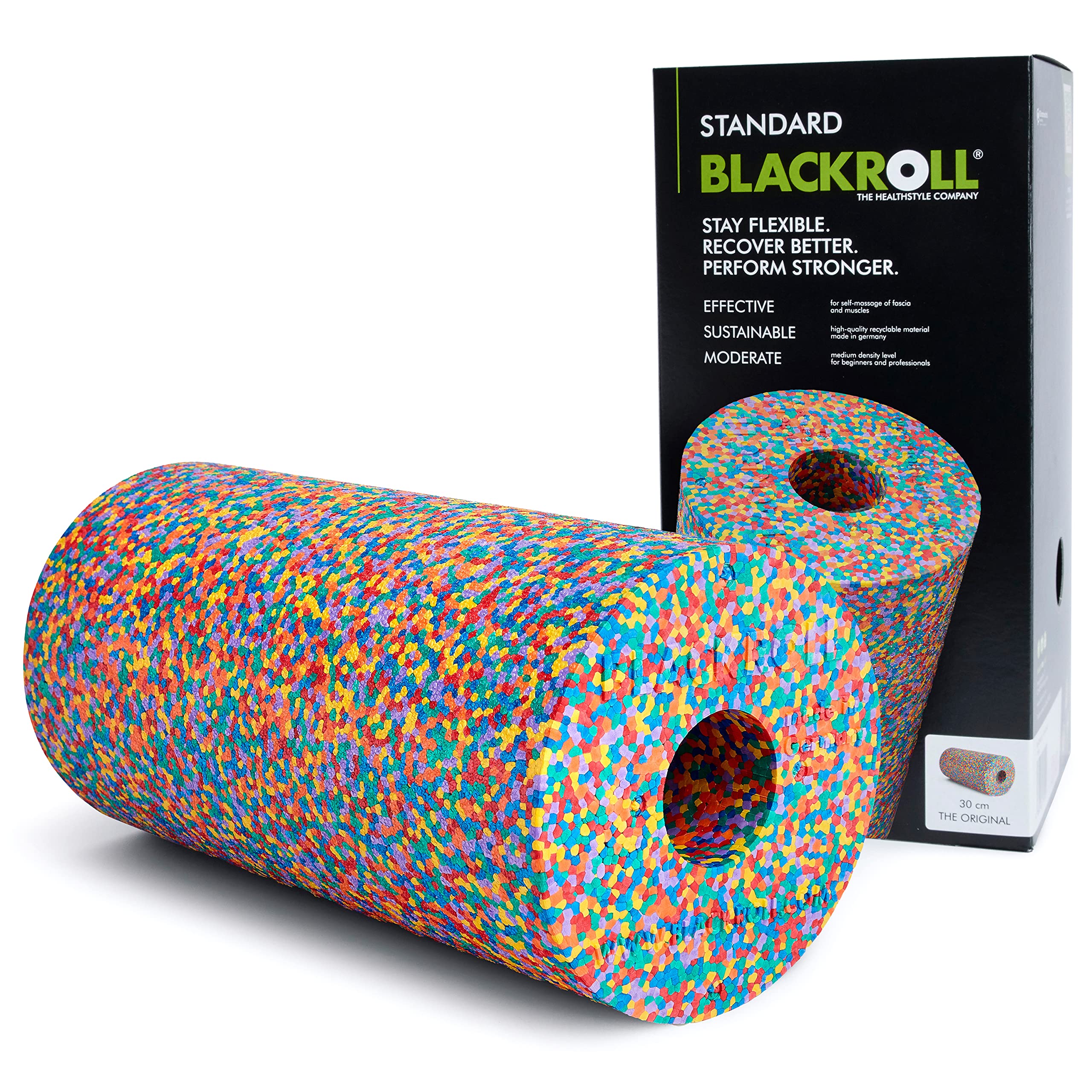 BLACKROLL® Rollo de masaje para fascia SLIM (30 x 10 cm), rodillo de fitness para automasaje de espalda y piernas, rodillo de masaje estrecho para viajes y viajes, dureza media, fabricado en Alemania,