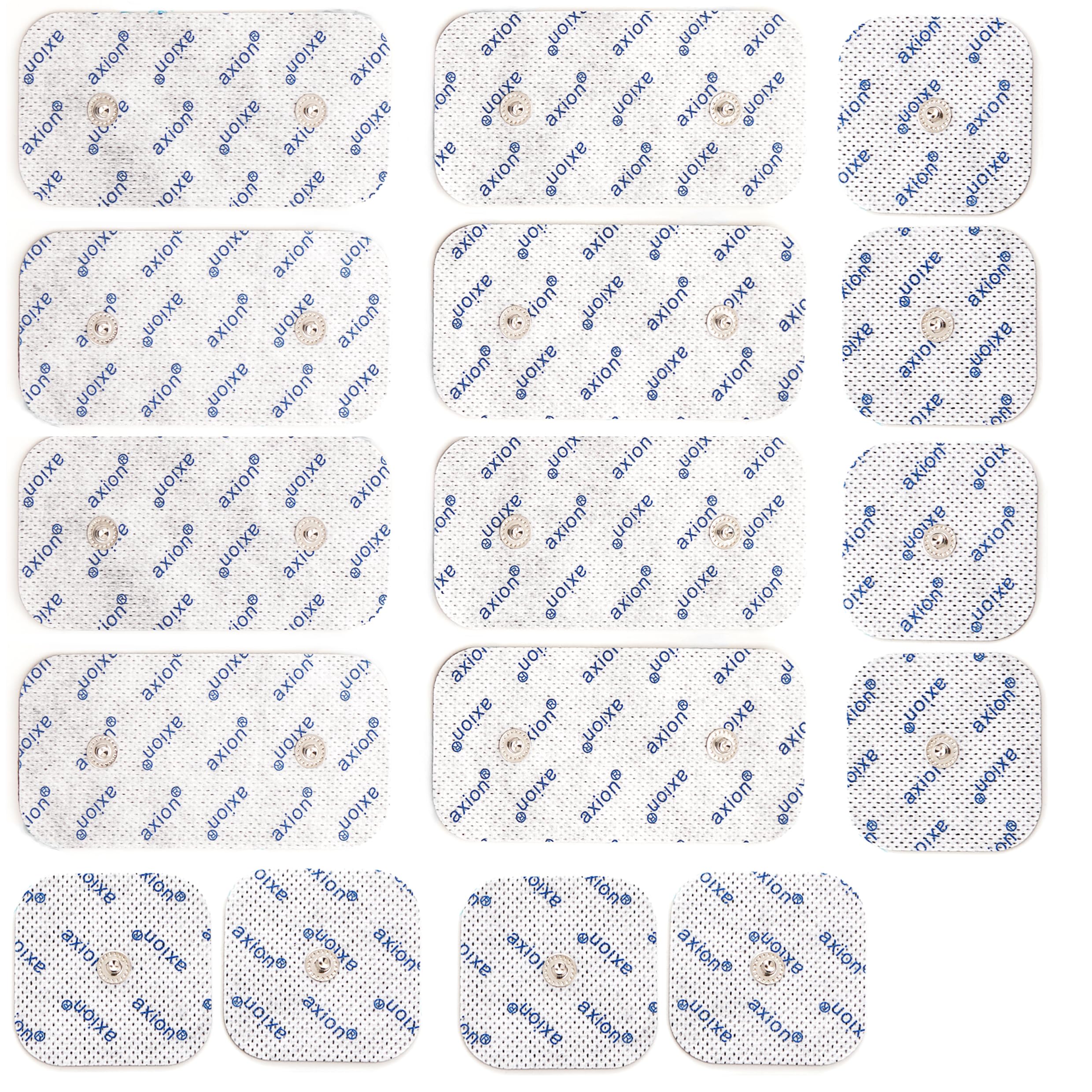 16 electrodos axion de 5x5 cm y 10x5 cm | Compatibles con electroestimuladores COMPEX | Parches de recambio para TENS y EMS reutilizables y autoadhesivos | Conector botón de 3,75 mm