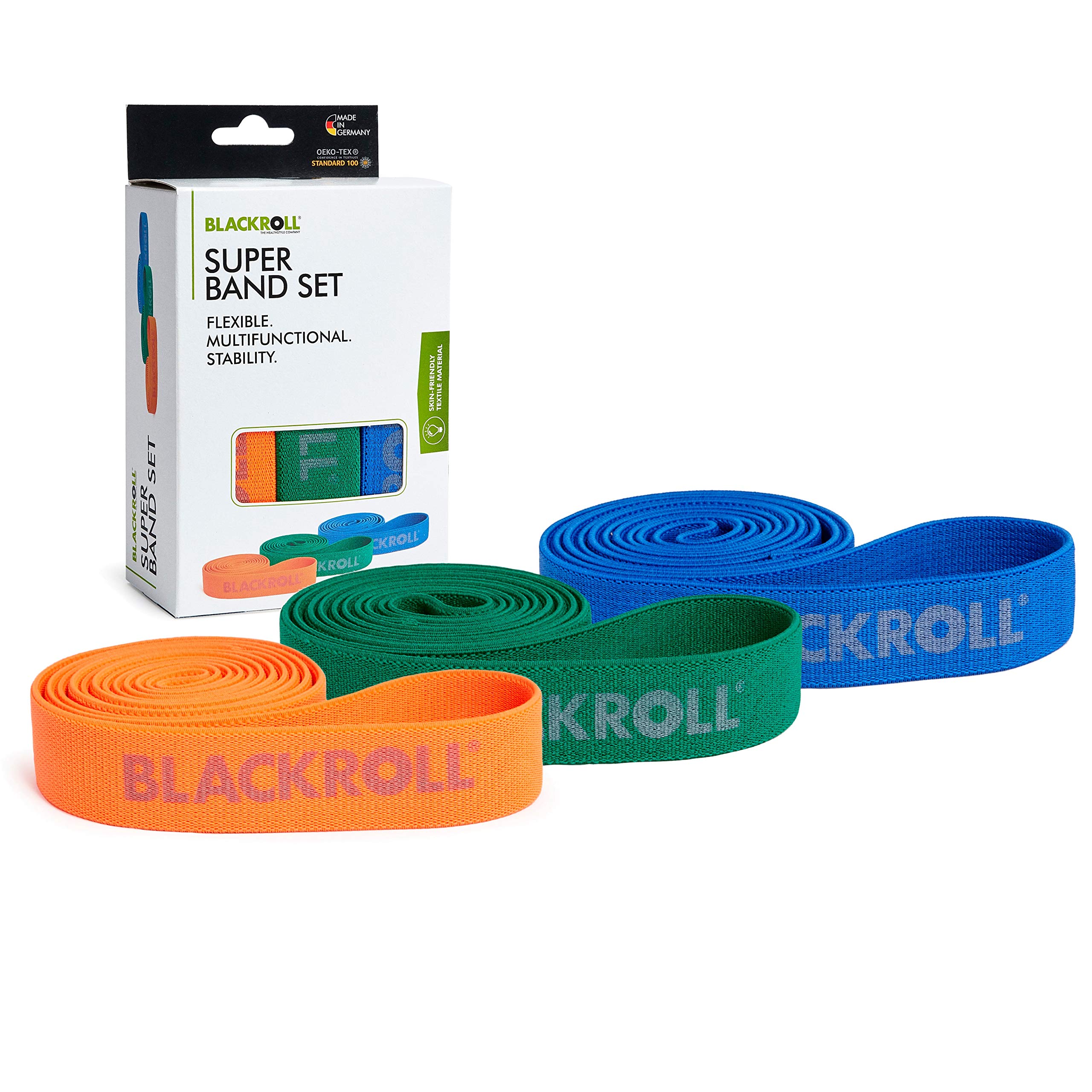 BLACKROLL Fitness Entrenamiento/Gimnasia Deportiva para una Musculatura Estable con Fuerte Resistencia, Uni, Juego de 3 Bandas Super: Naranja, Verde, Azul, 104 cm