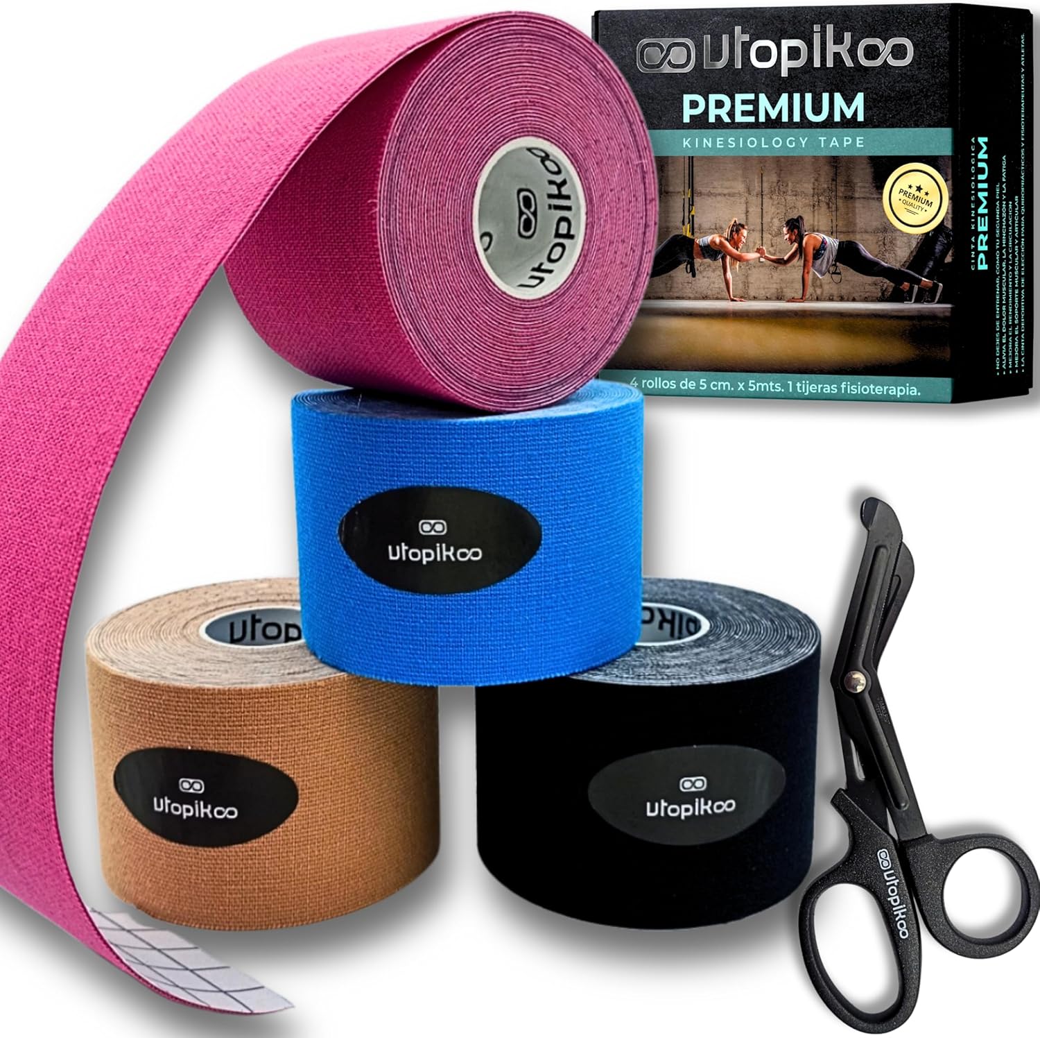 Kinesiotape [4 Rollos 5 cm X 5 m + Tijeras Fisioterapia]-Cinta Kinesiologica Elastica de Colores-Kinesio+tape Vendaje Neuromuscular-Esparadrapo Deportivo-Cinta Fisioterapeuta(SURTIDO)