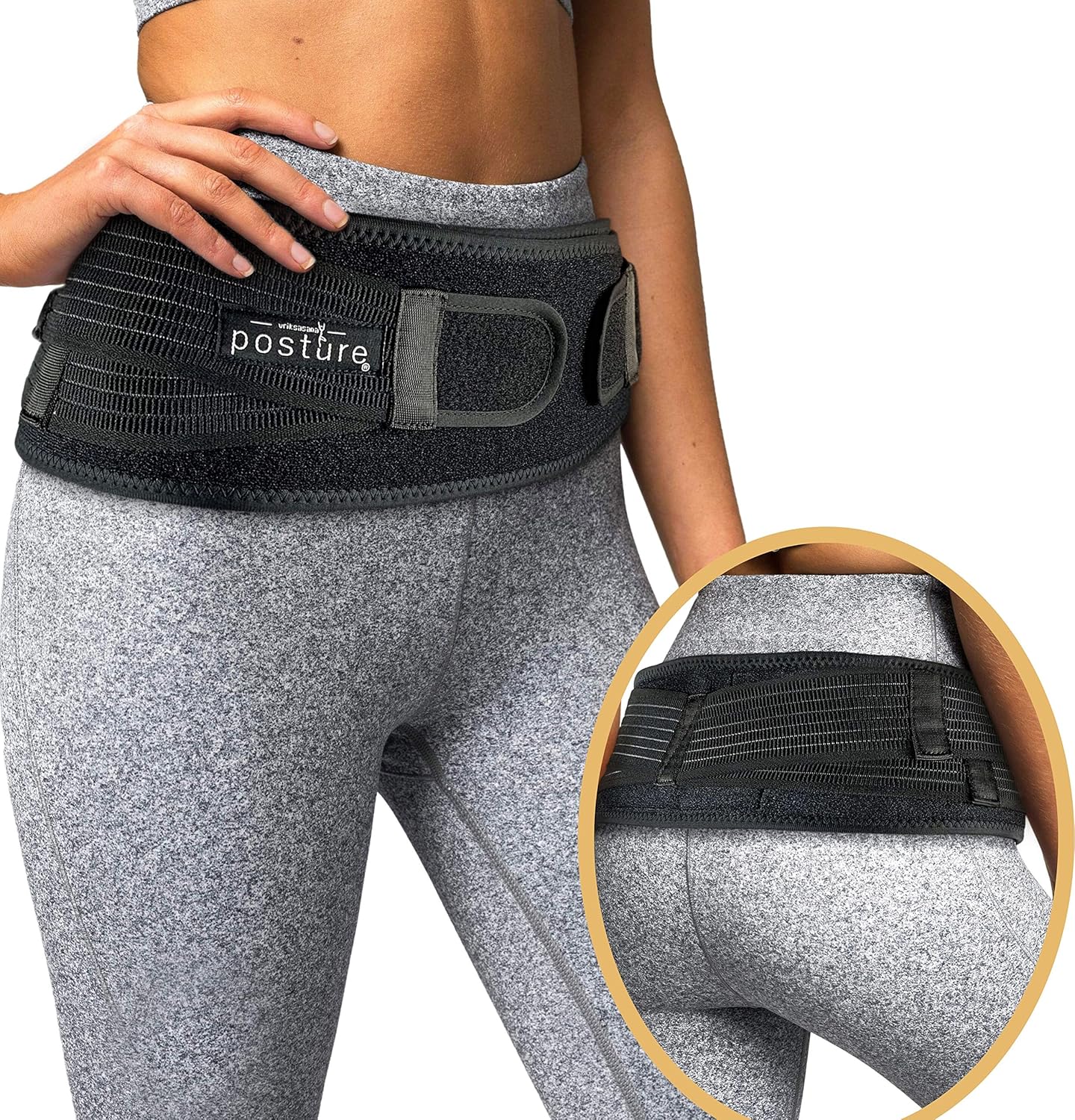 Vriksasana Posture cinturón de cadera sacroilíaca para unisex que alivia el dolor ciático, pélvico, de la pierna y del nervio sacro causado por la disfunción de la articulación si | (Negro, S/M)