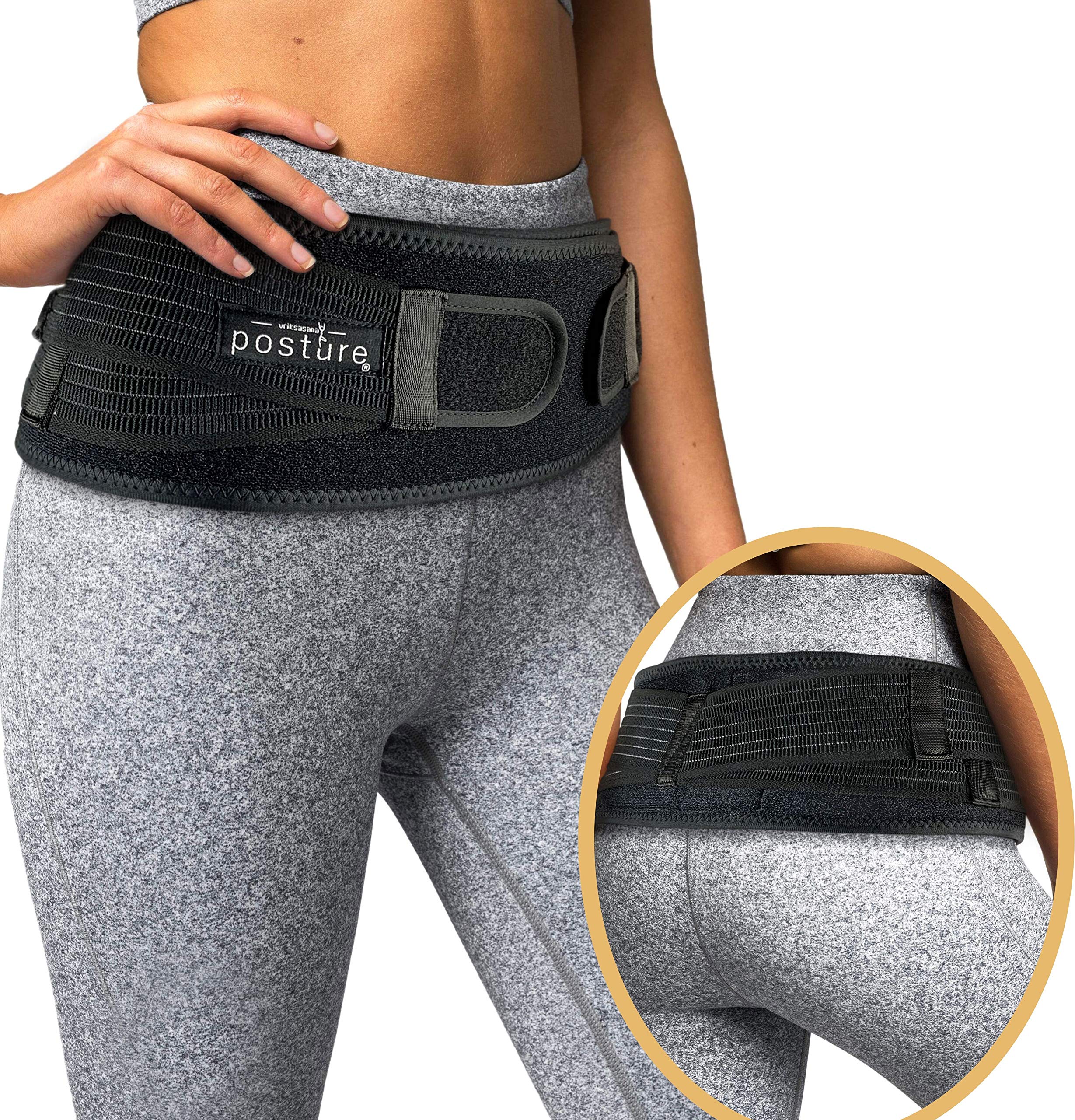 Vriksasana Posture cinturón de cadera sacroilíaca para unisex que alivia el dolor ciático, pélvico, de la pierna y del nervio sacro causado por la disfunción de la articulación si | (Negro, S/M)