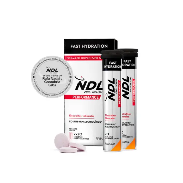 NDL Pro-Health Fast hydration - Tabletas de hidratación rápida, bebida electrolitos y sales minerales para el deporte, disminuye el cansancio y la fatiga - Sabor Naranja - Pack 2-40 tabletas