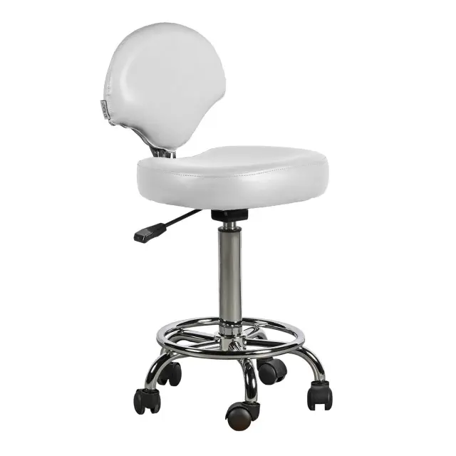 Italian Design - Taburete Ferrara con Respaldo Blanco - Ajustable en Altura - Diseño Ergonómico - Tapizado en Cuero Sintético - Base Estable con Ruedas Giratorias - Ideal para Entornos Profesionales