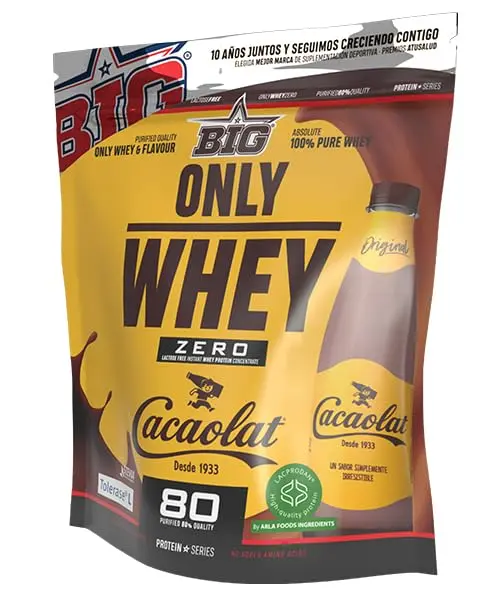 BIG - Proteinas Whey - Proteina en Polvo para Desarrollo de Masa Muscular y Recuperación - Materia Prima Premium - Whey Protein Sin Lactosa, Sin Azúcar, Sin Grumos (500g, Cacaolat)