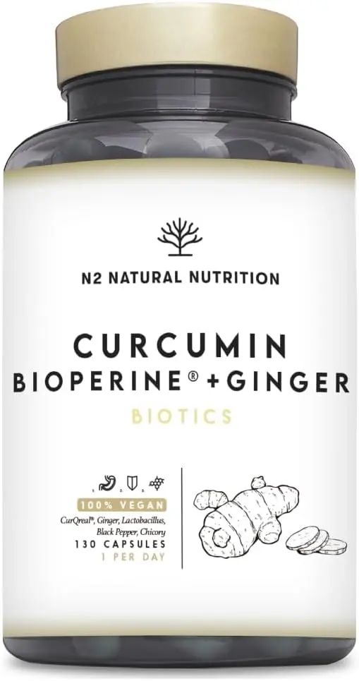 Cúrcuma Patentada con Jengibre y Pimienta Negra (CurQreal®) +4 meses, 10000mg de Curcumina + Probióticos + Bioperina®. Antiinflamatorio Natural. Formula Patentada. 130 Capsulas. N2 Natural Nutrition