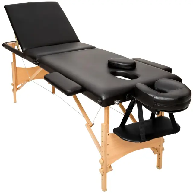 tectake® Camilla Masaje Plegable de Madera, Camilla Profesional para Fisioterapia, Quiromasaje, Tatoos, Reiki, Altura Ajustable, 3 Zonas, con Bolsa Transporte - Negro