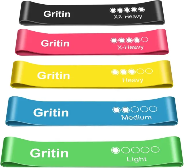 Gritin Bandas Elásticas Fitness, Bandas de Resistencia, Set de 5 Cintas Elásticas Fitness y Musculación de Látex Agradable a la Piel con Guía de Ejercicios de Español