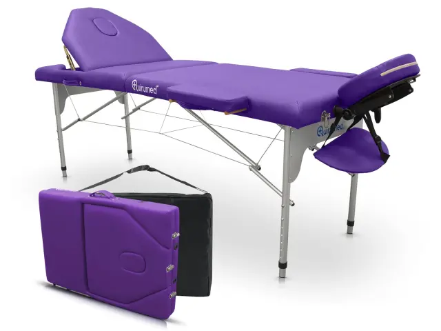 QUIRUMED Camilla de Masaje Plegable de Aluminio Pro, 186 x 66 cm, con Respaldo abatible, Color Morado, Polipiel, Orificio Facial, Cabezal extraíble, Regulable en Altura, 2 cuerpos, hasta 150 kg