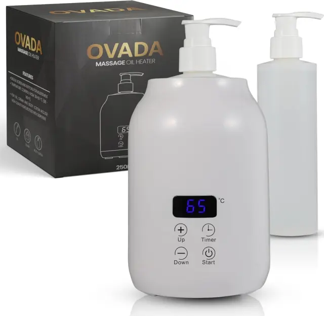 Calentador de aceite de masaje | Botella de plástico externa (2x) | Para aceite de masaje y aceites esenciales | Temperatura ajustable (30-65 grados) | Masaje bienesta | Calentador elegante (blanco)