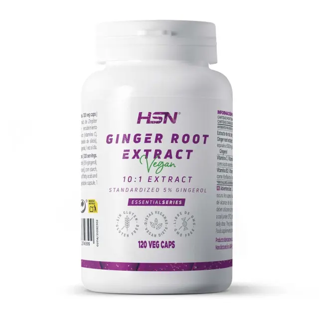 HSN Jengibre 5000mg (5% Gingeroles) por dosis diaria | 120 Cápsulas Vegetales | Extracto de raíz Zingiber officinale 10x Más Concentrado | No-GMO, Vegano, Sin Gluten
