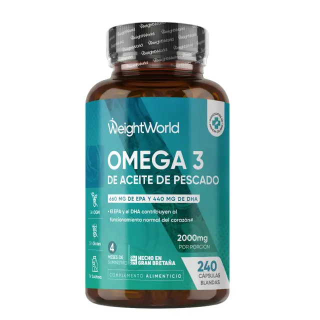 Omega 3 2000mg - 240 Perlas de Aceite de Pescado (660mg EPA + 440mg DHA) - Ácidos Grasos de Omega 3 para 4 Meses, Sin OGM