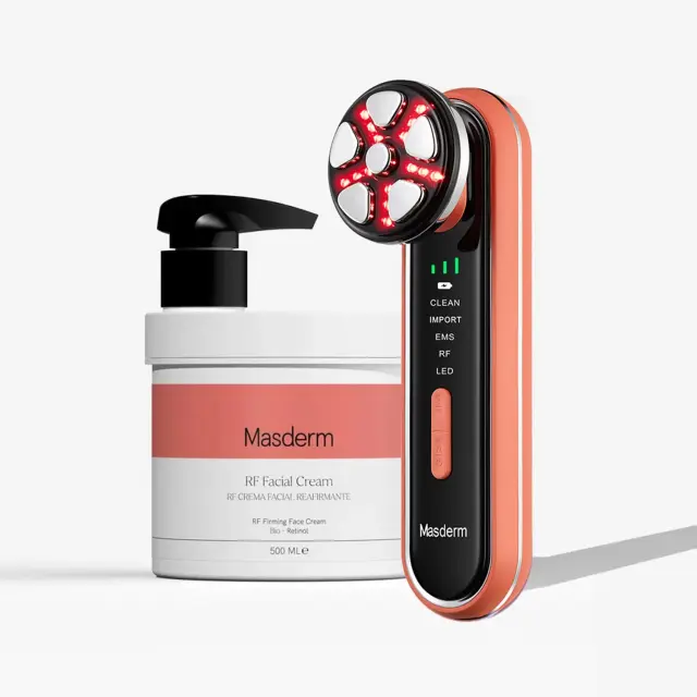 MASDERM - Aparato Radiofrecuencia Facial con Crema Reafirmante 500 ml, Masajeador Facial Eléctrico Profesional, Tratamiento Antiedad y Limpieza Facial, Efecto Lifting para Cara y Cuello - 2 Pack