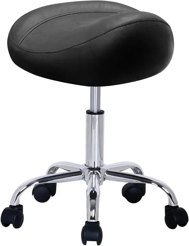 Taburete de Peluquería, Silla de Peluquería, Asiento de Material Cuero Sintético y Diseño Ergonómico, Altura Regulable, Giratorio 360º y Base Estable con 5 Rueditas, Color Negro