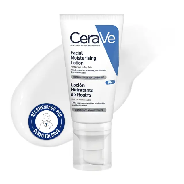 CeraVe, Loción Hidratante de Rostro PM, Para Piel Normal a Seca, Hidrata y Restaura la Barrera Protectora de la Piel, Enriquecida con Ceramidas Esenciales, Niacinamida y Ácido Hialurónico, 52ml