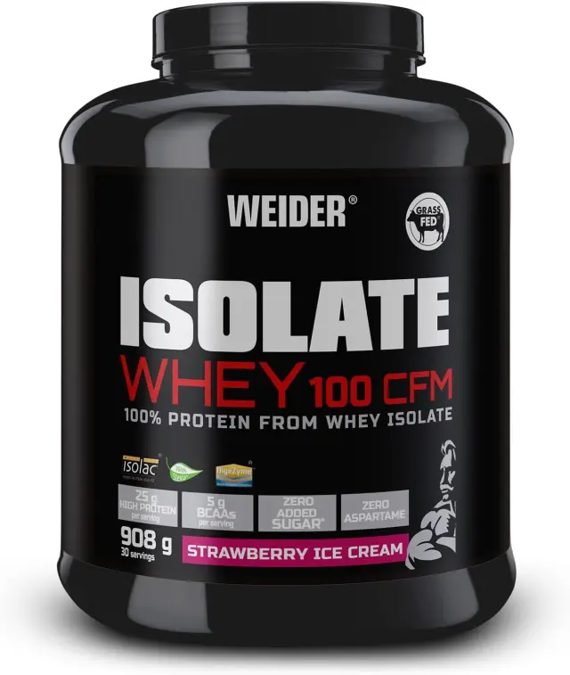 Weider Isolate Whey 100Cfm, Sabor Fresa, 100% Aislado de Proteina de Suero. Cero Azúcar, Cero Aspartamo, con Stevia, con Dygezime, con Bcaa, Apto para Veganos, Isolac, Keto, Negro, 908 Gramos