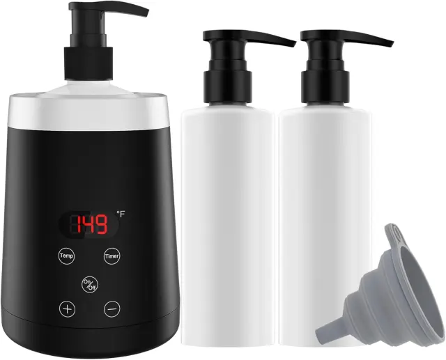 Calentador de aceites de masaje LINBEAUTI con dos botellas, calentador y un embudo para calentar aceites de masaje, lociones y geles de ducha para el hogar y salones de spa.