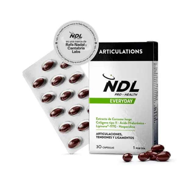 NDL Pro-Health Articulations | Colágeno Tipo II + Ácido Hialurónico + Cúrcuma + Vitamina C | Soporte para huesos, cartílagos y articulaciones | Contiene aceite de pescado | Rafa Nadal & Cantabria Labs