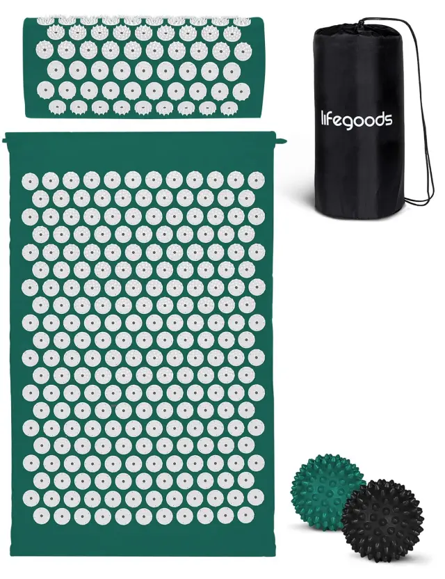 LifeGood Esterilla Acupresion - Eco - Con Cojín, Bolas de Masaje y Bolsa - Almohada - Colchoneta de Acupuntura Relajación y Alivio del Dolor - Flor de Loto - Bianco & Verde
