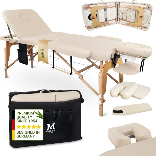 MASSUNDA All - Tumbona de Masaje Plegable y de Altura Regulable de Madera Maciza, Mesa de cosméticos móvil con Funda de Rizo, reposabrazos y Respaldo, cojín Cervical, reposacabezas ergonómico