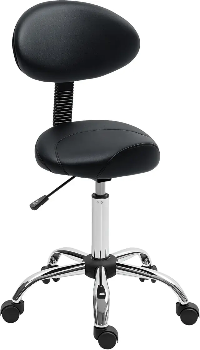 HOMCOM Taburete Giratorio con Ruedas y Respaldo Extraíble, Taburete de Trabajo con Altura Regulable 83-98 cm, Asiento Tapizado de Cuero Sintético, Negro
