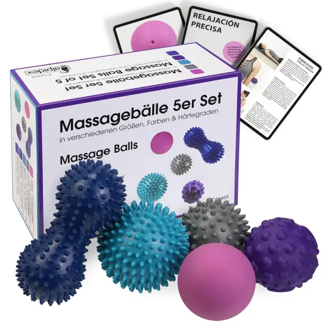 ALPIDEX Bolas de masaje set de 5 – bola de pinchos, lacrosse, peanut y trigger point | diferentes durezas | con e-book