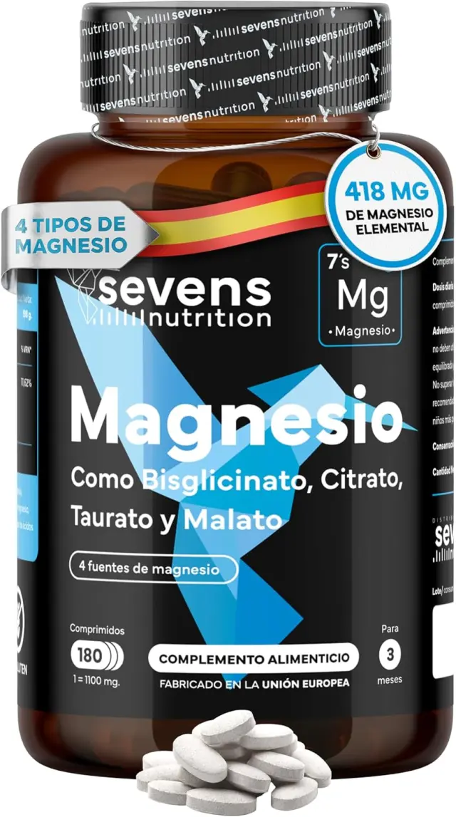 Magnesio Complex 4 en 1 - Citrato, Bisglicinato Quelado, Malato y Taurato - Alta Biodisponibilidad - Energía y Función Muscular. Reduce Cansancio y Fatiga - 180 Comprimidos - Hecho en España - Sevens