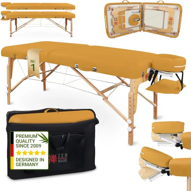 Zen – Camilla Masaje Plegable móvil de Esquinas Redondeadas Altura Regulable - Camilla estetica Madera Maciza para masajes Activos - Camilla Plegable con reposacabezas, reposabrazos y Bolsa Amarillo