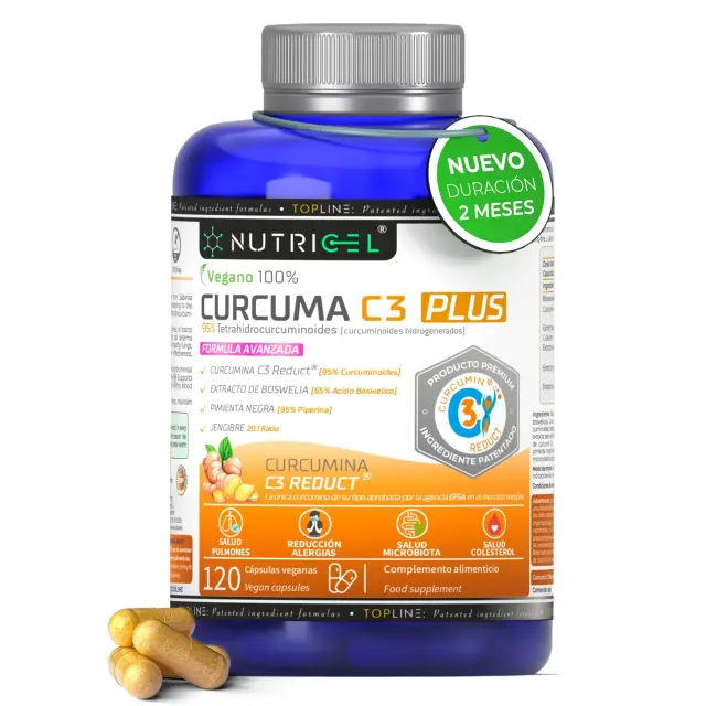 Cúrcuma C3 Reduct® Patentada con Extracto de Boswellia, Jengibre y Pimienta Negra, Potente Antiinflamatorio y Antioxidante Natural - Curcuma con estudios clinicos - EFSA Approved |120 Capsulas