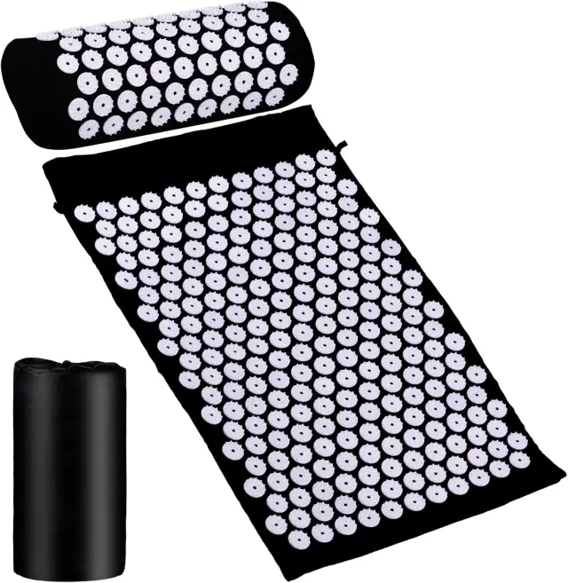 Juego de alfombrillas de acupresión, tapete de masaje Shiatsu negro, tapete de masaje de acupuntura con cojín para la cabeza, bolsa, para aliviar el dolor de espalda, dolor de cabeza y cuello