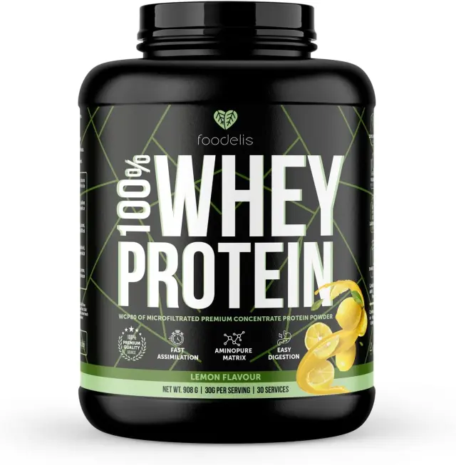 Foodelis Proteína Whey en Polvo – Proteína de Suero de Leche para Masa Muscular – Alta en Proteínas, Fácil Digestión (908 g, Limón)