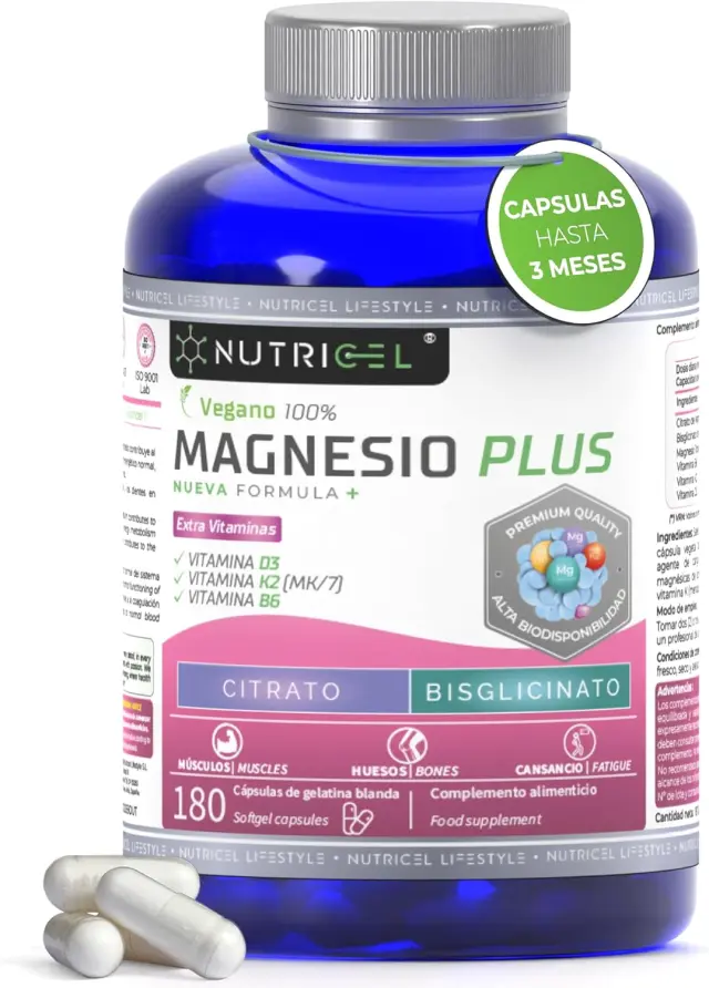 Citrato de magnesio 1051mg + bisglicinato de magnesio 400mg - Reduce Cansancio y Fatiga, Alivia Dolor Articulaciones y Músculos, Alta Biodisponibilidad | 180 Cápsulas