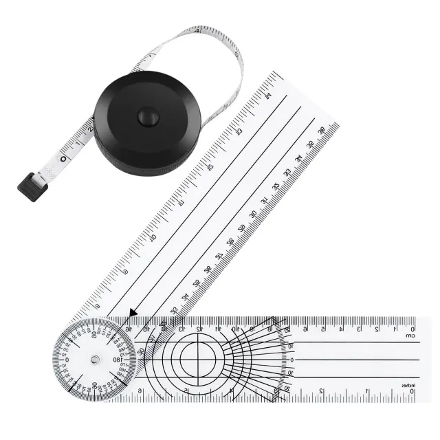 Cinta Métrica Automática y PVC Goniómetro Fisioterapia,Transparente 360 ° Rotación Transportador Fisioterapia,Cinta Métrica para Tela Corporal Accesorios de Costura,Goniómetro Ángulo Regla Médica