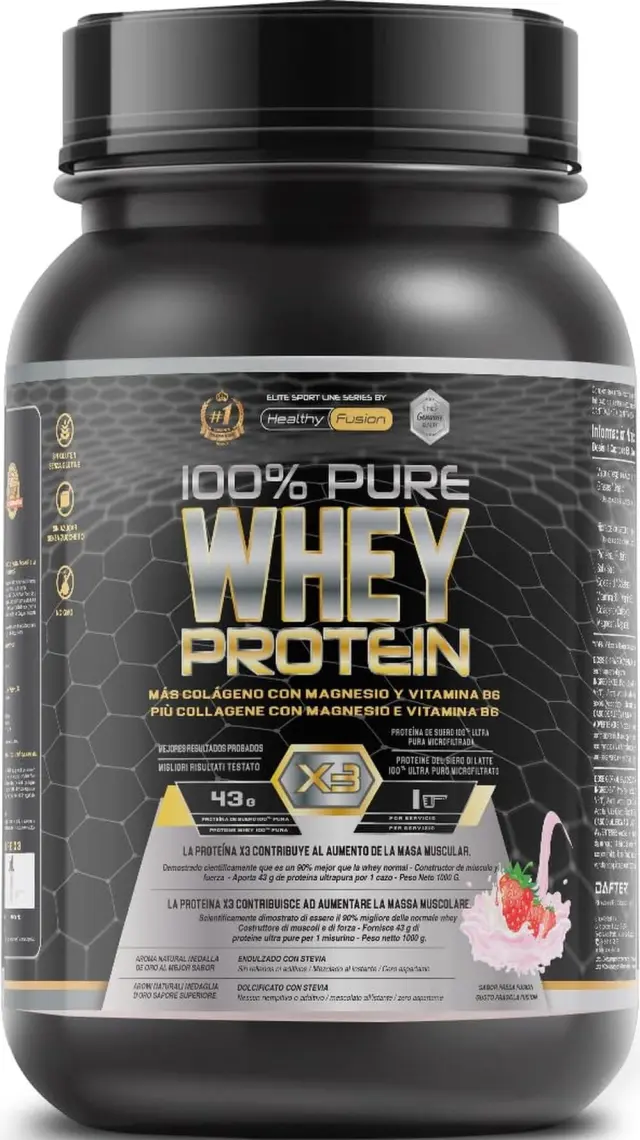 Whey Protein Healthy Fusion | Proteína pura con Colágeno, Magnesio y Vitamina B6 | 43g proteína + 9g BCAA | Mejora tus entrenamientos, aumenta masa muscular y fortalece articulaciones | 1 kg