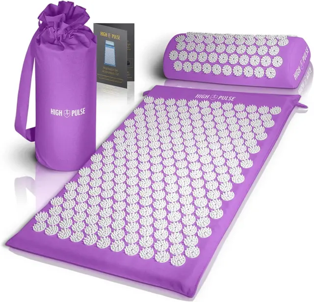 High Pulse Esterilla Acupresion + 5 Anillos + Póster - La esterilla fitness y el cojín de acupresión estimulan la circulación sanguínea y liberan la tensión (Violeta)