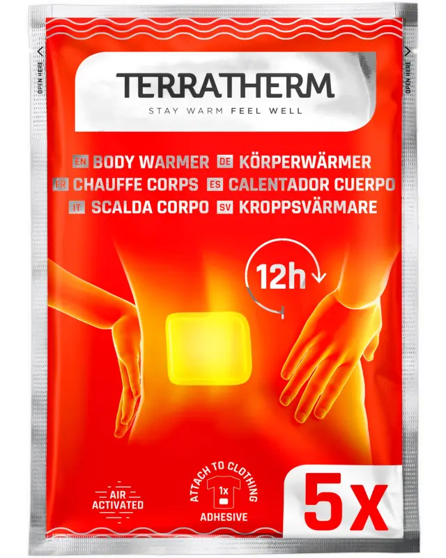 TerraTherm Parches de calor para la espalda, cuello y hombros – 12h de agradable calor profundo, calentador de espalda – Calentador de cuerpo autoadhesivo y activado por aire – 5 piezas
