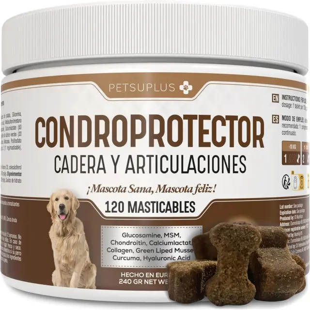 Condroprotector Perros - Glucosamina, MSM, Condroitina, Colageno, Acido Hialuronico - Fortalece los cartilagos y Protege Las articulaciones - Antiinflamatorios Naturales - 120 masticables